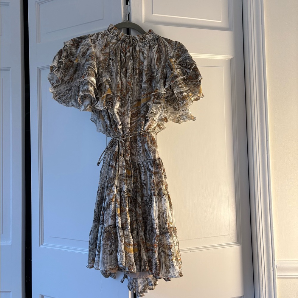 Elliatt Seraphina gray and gold print ruffled dress